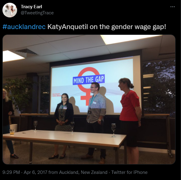 Screenshot of tweet with the words "#aucklandrec KatyAnquetil on the gender wage gap!"