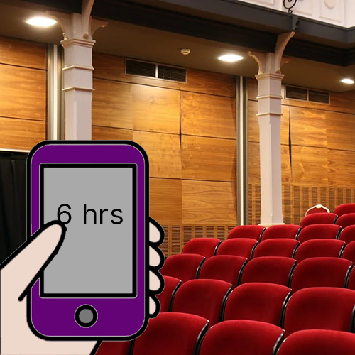 Empty auditorium with red plush seats. There is an illustrated phone on top with a caption that says "6-hrs"